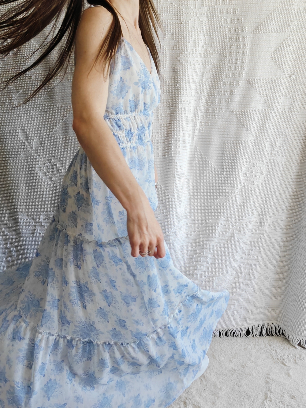 Trixxi Blue Floral Maxi Dress Smocked Waist Wrap V Neck Cottagecore Plus Size XL